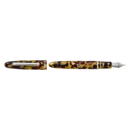 Esterbrook Estie fountain pen with silver fittings, featuring a sleek tortoise shell design and smooth writing nib.