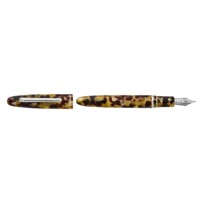 Esterbrook Estie fountain pen with silver fittings, featuring a sleek tortoise shell design and smooth writing nib.