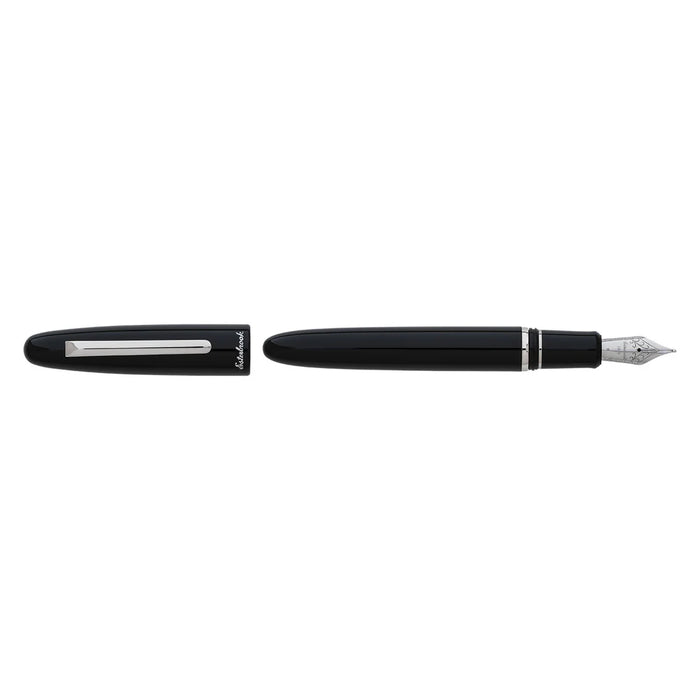 Open Esterbrook Estie fountain pen with silver fittings, showcasing its sleek black body and elegant design.