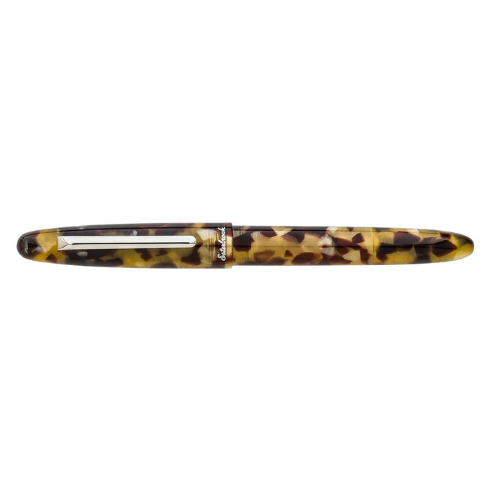Esterbrook Estie fountain pen with silver fittings, shown in closed position, featuring smooth black resin body and elegant design.