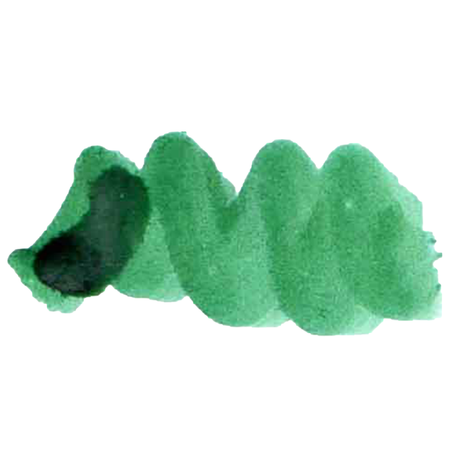 Bottle of Papier Plume forest green calligraphy ink with a black cap, showcasing the ink's rich green color.