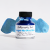 Bottled Papier Plume calligraphy ink in Forget-Me-Not Blue with a glass bottle and ink swatch, ideal for artistic lettering and calligraphy.