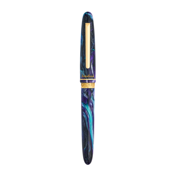 Esterbrook The Rockstar Estie fountain pen with a sleek black design and gold accents, displayed on a white background.