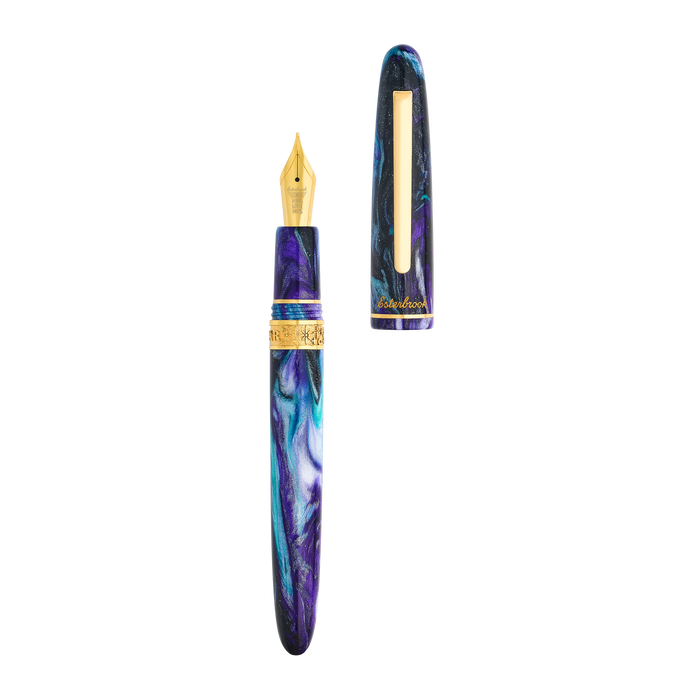 Esterbrook The Rockstar Estie fountain pen with a sleek black body and gold accents, showcasing its elegant design.