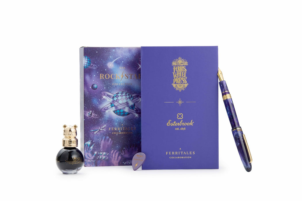 Close-up of The Rockstar Estie Esterbrook fountain pen with a sleek black body and gold accents, showcasing its elegant design.