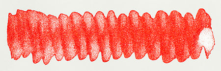 Diamine Shimmertastic Firestorm Red fountain pen ink in a glass bottle with shimmering red ink visible inside.