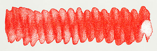Diamine Shimmertastic Firestorm Red fountain pen ink in a glass bottle with shimmering red ink visible inside.