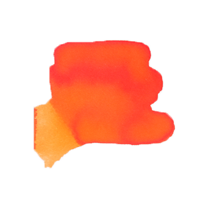 Bright orange fountain pen ink by Anderillium featuring a flapjack octopus design, showcased in a clear glass bottle.