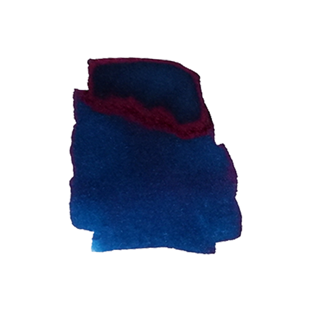 Blue fountain pen ink bottle by Anderillium labeled Flying Squid Blue with a clear glass container and colorful ink inside.