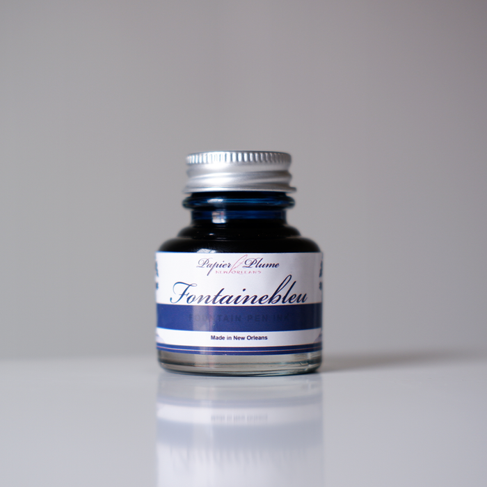 Papier Plume Fontainebleu Fountain Pen Ink bottle, vibrant blue ink for smooth writing and elegant calligraphy.