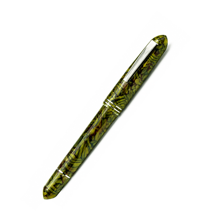 Gioia Metis Millefiori Citron Vert fountain pen with colorful floral design and smooth nib on a white background.