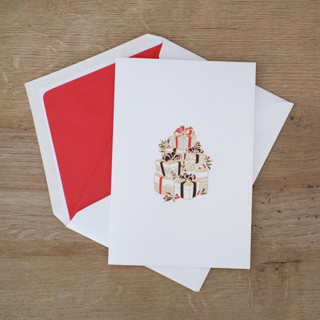 Rossi Christmas cards featuring festive gift box designs, perfect for holiday greeting cards with decorative wrapping.