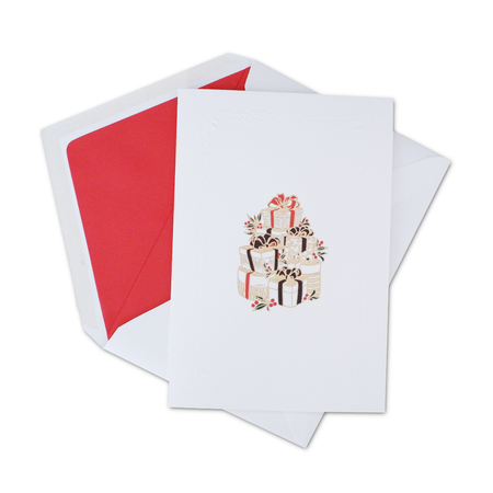 Rossi Christmas cards featuring festive gift box designs, showcasing colorful holiday-themed illustrations for seasonal greetings.
