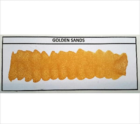 Diamine Shimmertastic Golden Sands fountain pen ink bottle with shimmering gold ink, ideal for writing and calligraphy.