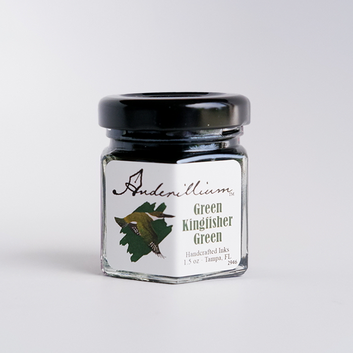 Anderillium Green Kingfisher Green fountain pen ink bottle with vibrant green ink visible inside.