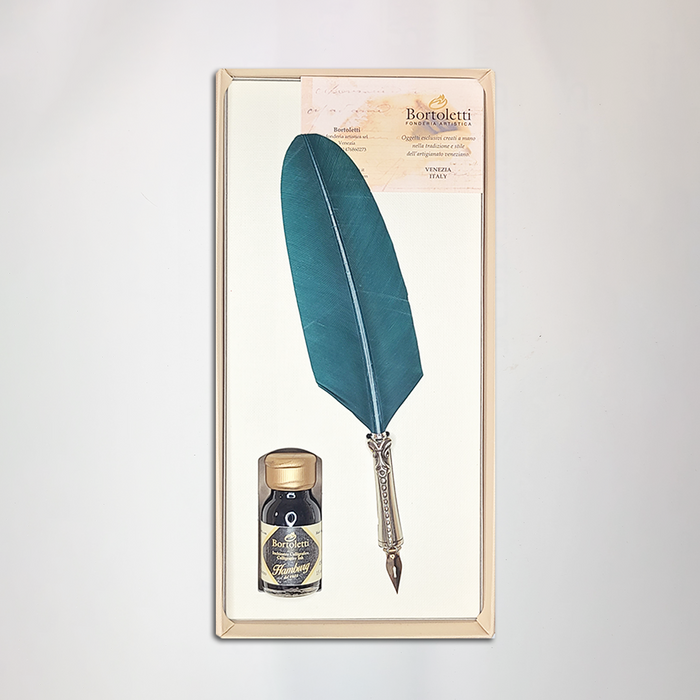 Green glass Bortoletti feather dipping pen set 83, elegant writing instrument with a feather design for calligraphy and artistic writing.