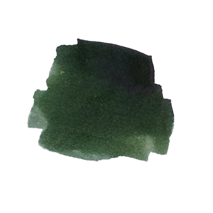 Green Kingfisher fountain pen ink by Anderillium, vibrant green ink bottle with ink swatch showing rich, smooth color.
