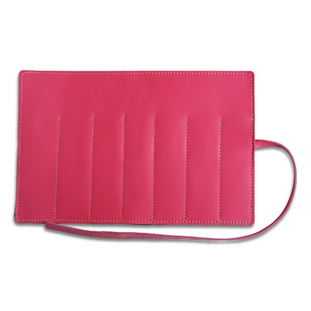 San Lorenzo leather pen roll in coral pink, compact pen case with multiple slots for pens and writing tools.