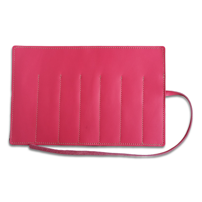 San Lorenzo leather pen roll in coral pink, compact pen case with multiple slots for pens and writing tools.