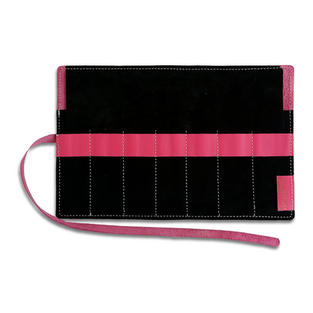 San Lorenzo leather pen roll in coral with multiple compartments for organizing pens and writing accessories.