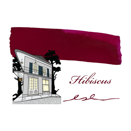 Papier Plume fountain pen ink swatch in vibrant hibiscus red, showcasing smooth, rich color for elegant writing.
