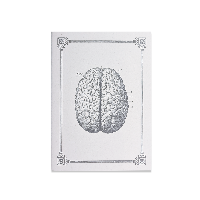 A Rossi soft cover stitched journal with a human brain illustration on the A5-sized cover, ideal for writing and note-taking.