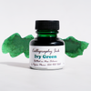 Bottle of Papier Plume Ivy Green calligraphy ink with a glass ink bottle and green ink inside.