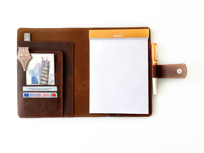 Dark Toscano brown leather notebook folio from Eng Leather Co. in A5 size, featuring a sleek leather cover and elegant stitching.