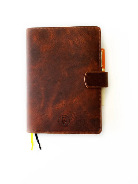 Dark Toscano brown leather notebook folio by Eng Leather Co. in A5 size with a sleek, textured leather cover and secure closure.