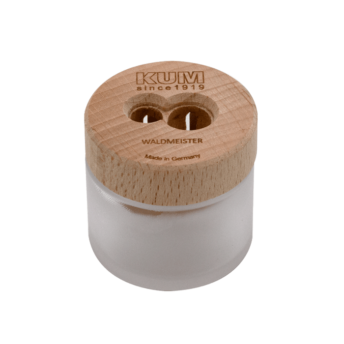 KUM Frosted Glass Pencil Sharpener Waldmeister with sleek frosted glass design and durable metal blade for precise sharpening.