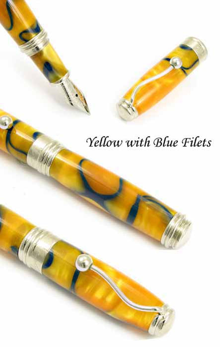 Jean-Pierre Lepine Indigo Classic Murano fountain pen with yellow and blue filet design, shown with cap and writing tip visible