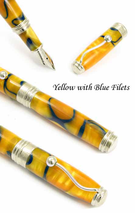 Jean-Pierre Lepine Indigo Classic Murano fountain pen with yellow and blue filet design, shown with cap and writing tip visible