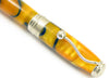 Jean-Pierre Lepine Indigo Classic Murano fountain pen with yellow body and blue filet, detailed close-up of the elegant writing instrument.