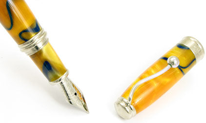 Jean-Pierre Lepine Indigo Classic Murano fountain pen with yellow body and blue filet, showcasing elegant design and craftsmanship.