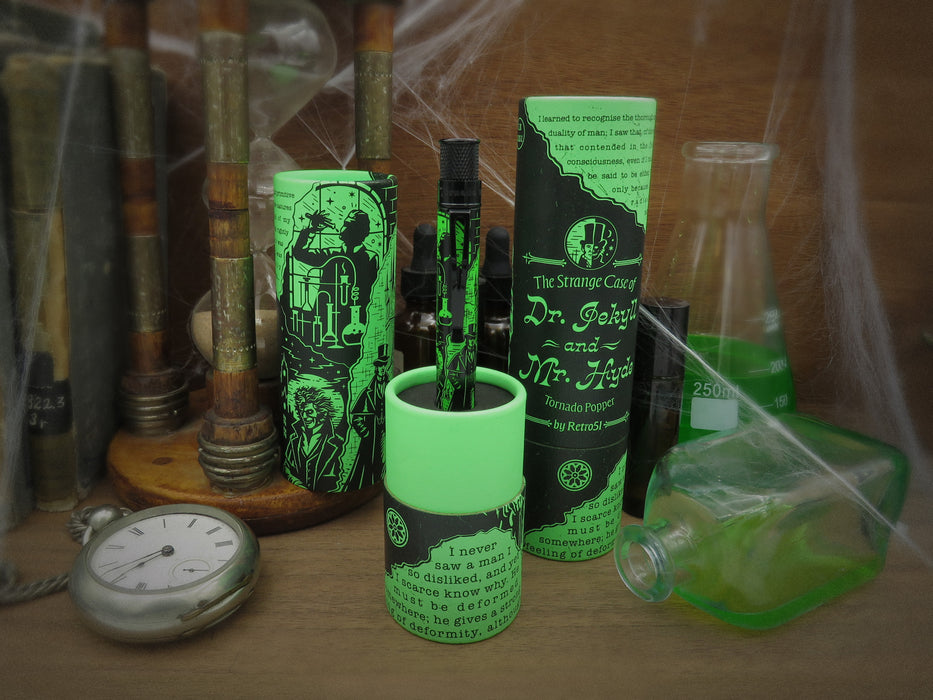 Retro 51 Tornado Popper rollerball pen featuring Dr. Jekyll and Mr. Hyde design with colorful packaging.