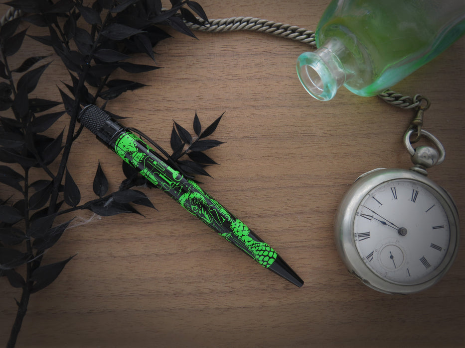 Retro 51 Tornado Popper rollerball pen featuring Dr. Jekyll and Mr. Hyde design with intricate artwork and vibrant colors.
