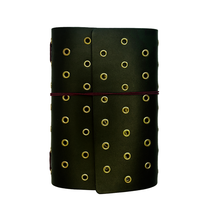 Imperfect Concepts Juniper olive A6 trifold journal cover with gold grommets and stylish design.