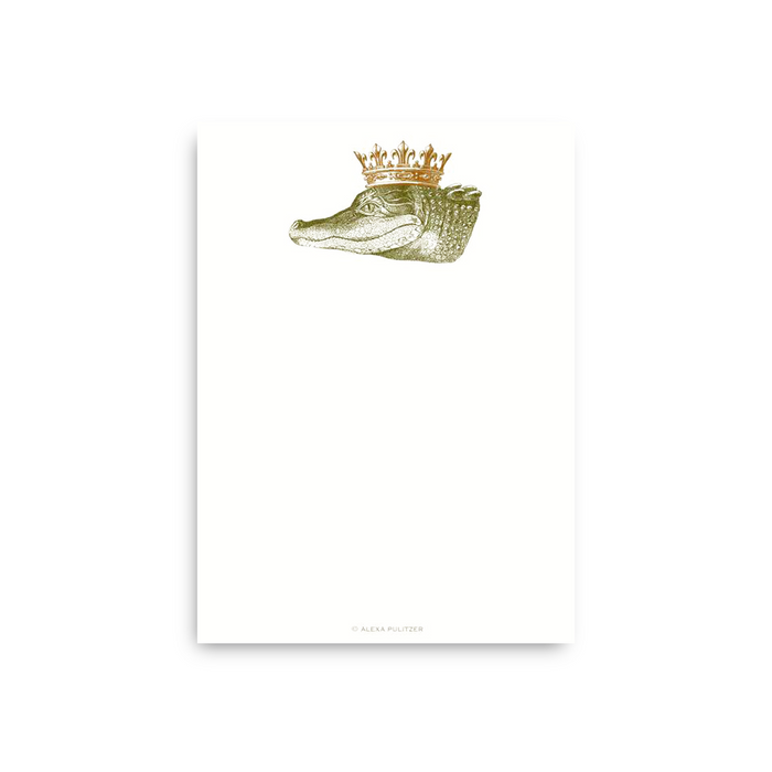 Vertical A7 notes sheet featuring King Gator design by Alexa Pulitzer, with colorful, detailed gator illustration on white background.