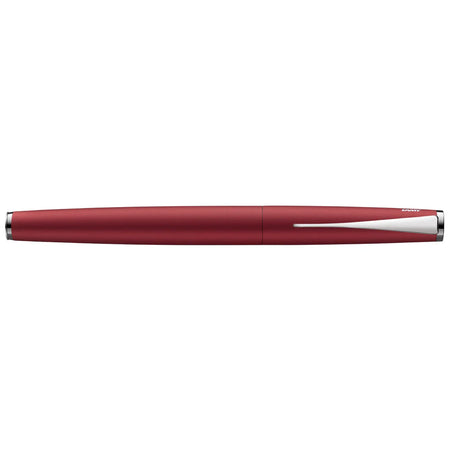 Lamy Studio Royal Red fountain pen with sleek design and gold accents, showcasing its elegant nib and smooth ink flow.