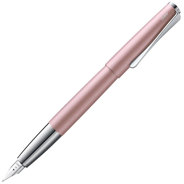 Lamy Studio fountain pen in rose matte finish with sleek design and gold accents, displayed on a white background.