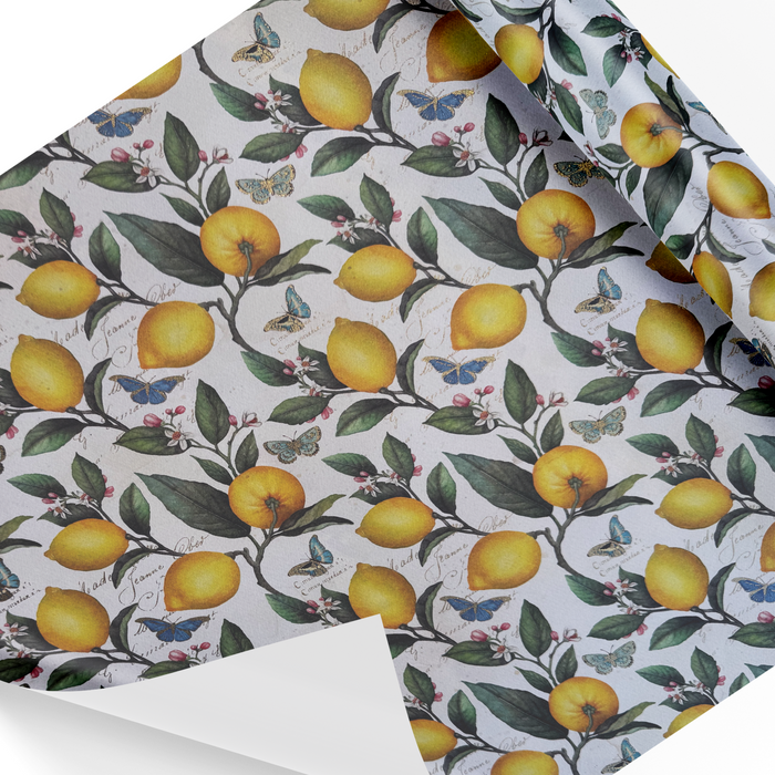 Rossi wrapping paper featuring a vibrant pattern of lemons and butterflies on white background.
