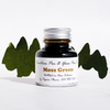 Moss green Papier Plume fountain pen ink bottle with ink flowing into a glass ink well on a white background.