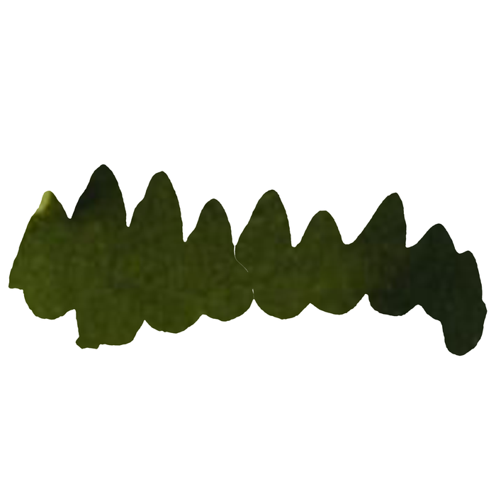 Moss green fountain pen ink by Papier Plume in a glass bottle, featuring vibrant green ink for writing and calligraphy.