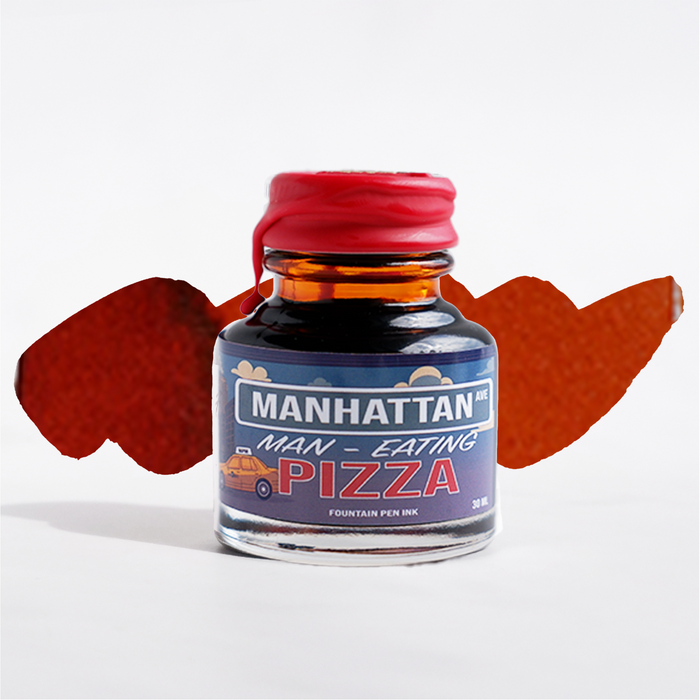 Papier Plume Manhattan Man-Eating Pizza fountain pen ink swatch showing vibrant pink ink color and branding details.