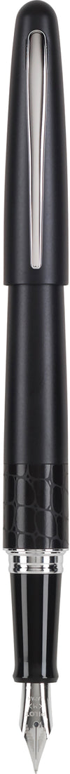 Pilot Metropolitan fountain pen with black resin body and gold accents, showcasing its elegant design and fine nib.