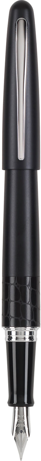 Pilot Metropolitan fountain pen with black resin body and gold accents, showcasing its elegant design and fine nib.