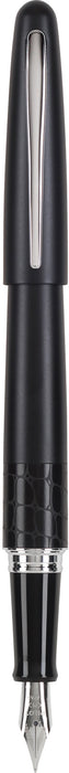 Pilot Metropolitan fountain pen with black resin body and gold accents, showcasing its elegant design and fine nib.