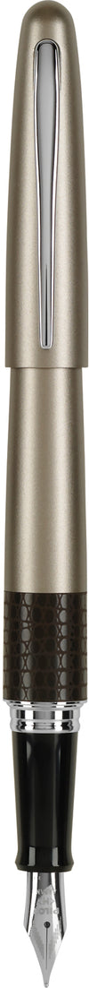 Pilot Metropolitan fountain pen with black barrel and gold accents, showcasing its sleek, elegant design on a white background.