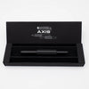 Monteverde Axis fountain pen with black barrel and sleek design, shown with its packaging and box.