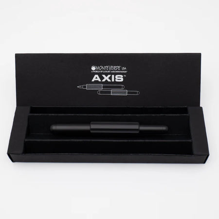 Monteverde Axis fountain pen with black barrel and sleek design, shown with its packaging and box.